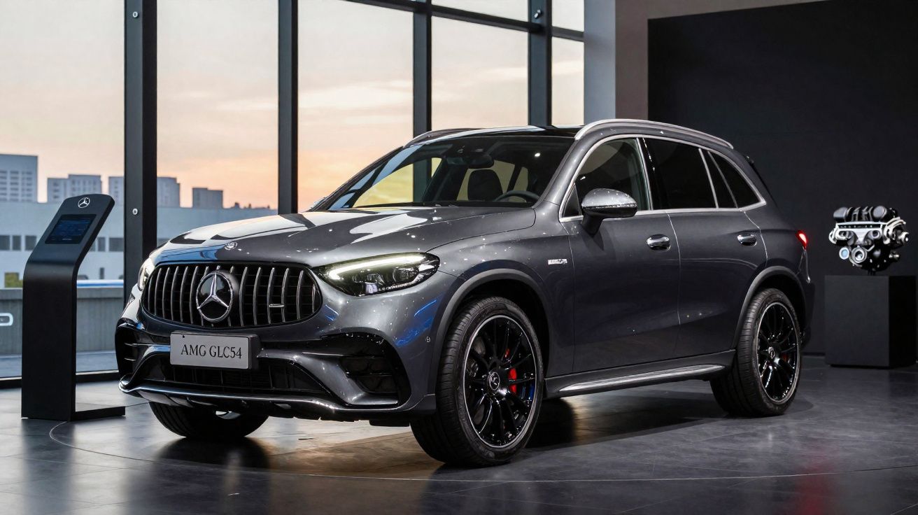 Mercedes-Benz AMG GLC 54 cinza escuro exibido em showroom com motor em pedestal ao fundo.