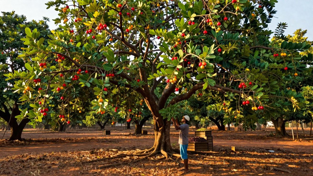 Pessoa colhendo frutas vermelhas em árvore grande em pomar com solo seco e caixas para colheita ao fundo.