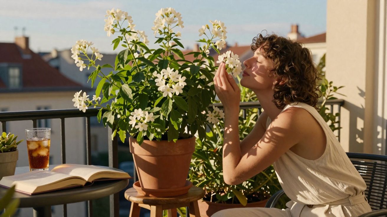 Mulher sentada em varanda cheirando flores brancas em vaso durante dia ensolarado.