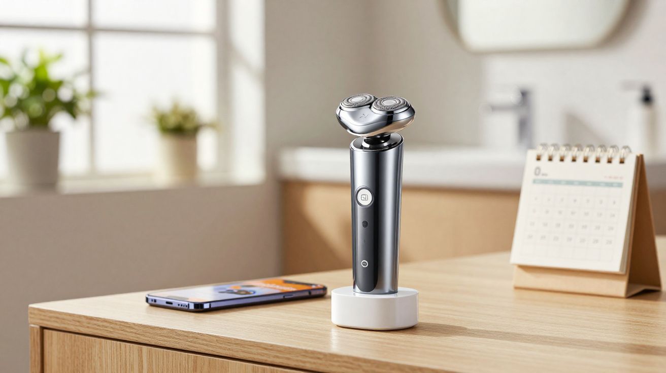 Aparador de pelos elétrico preto em base branca sobre mesa de madeira com celular e calendário ao fundo.