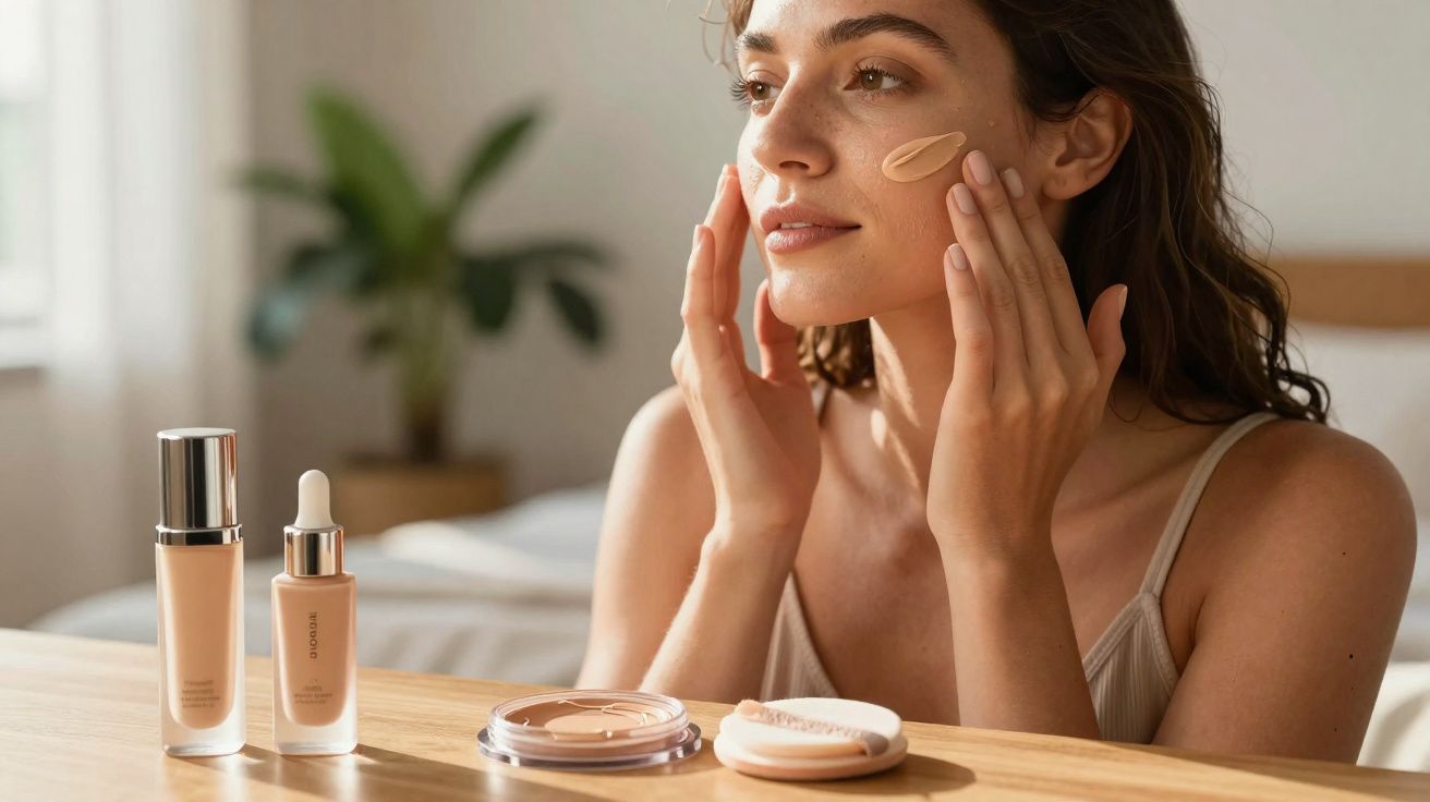 Mulher aplica base facial com dedos, com produtos de maquiagem sobre mesa em ambiente claro e aconchegante.