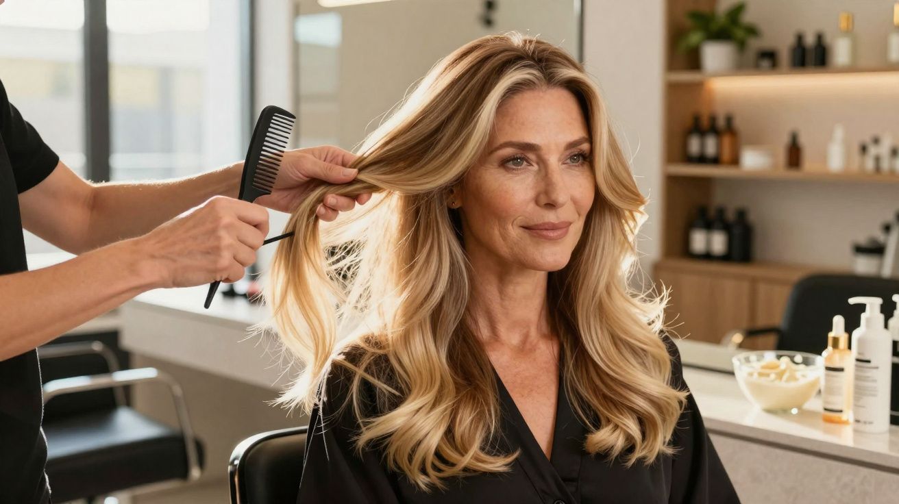 Mulher loira com cabelo longo sendo penteada por cabeleireiro em salão de beleza moderno.