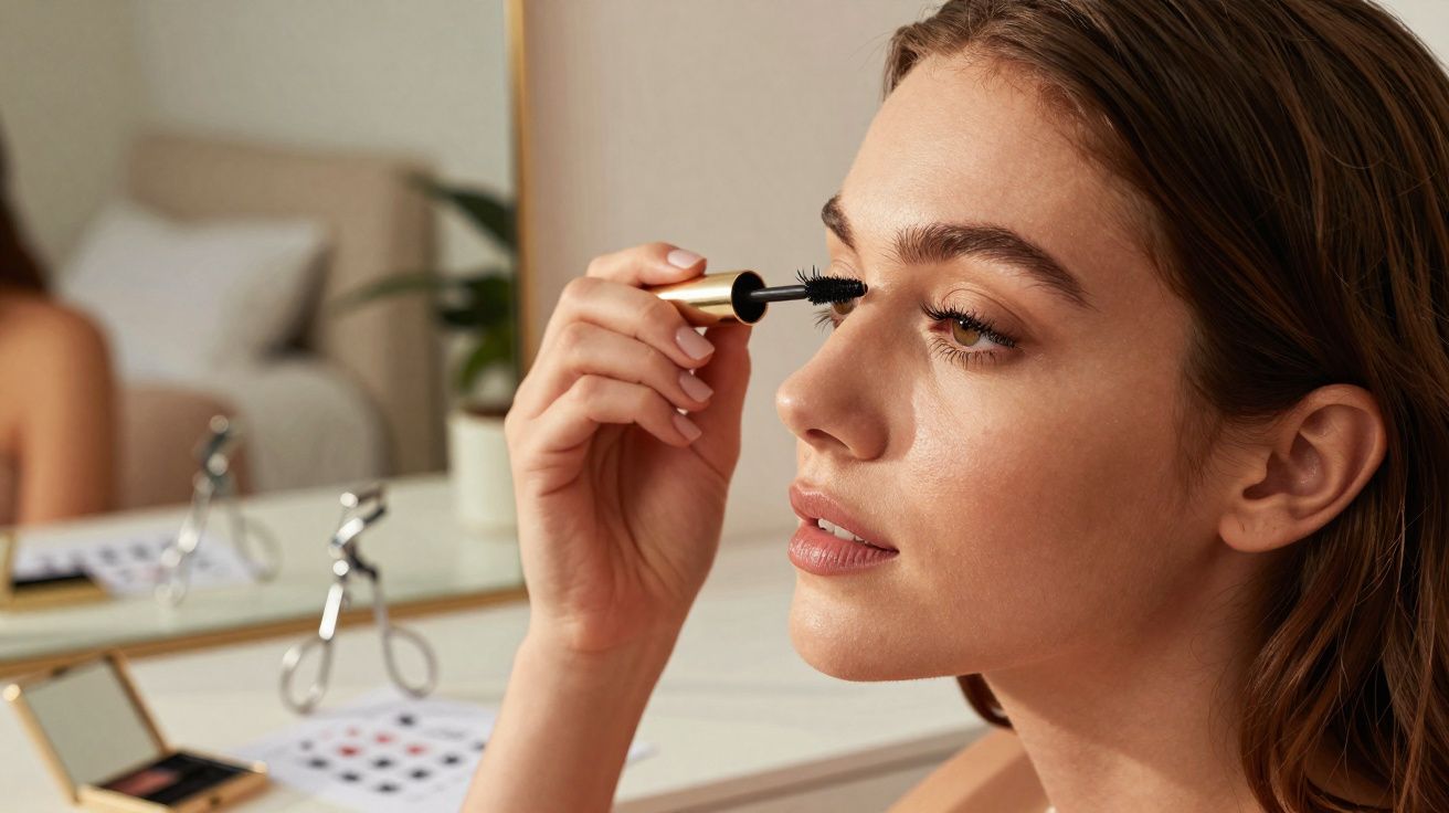 Mulher aplicando rímel nos cílios enquanto se olha no espelho em ambiente interno.