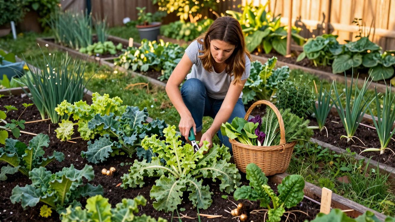 Mulher cuidando de plantas em hortaliça ao ar livre, com cesta cheia de verduras ao lado.