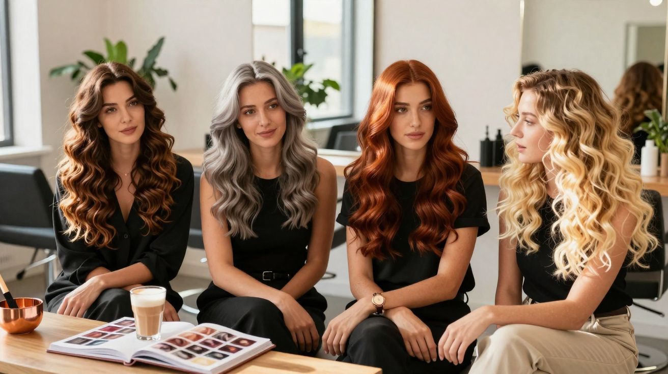 Quatro mulheres com cabelos longos ondulados de diferentes cores sentadas lado a lado em salão de beleza.