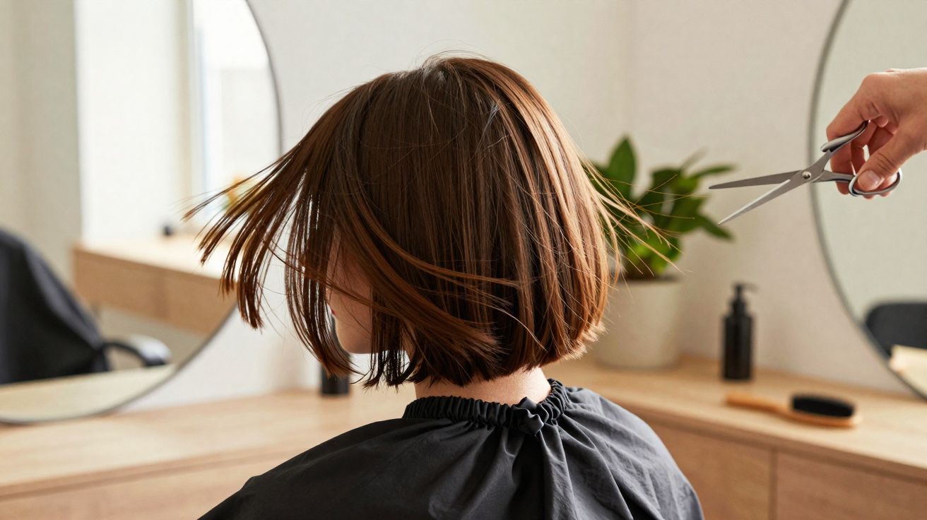 Pessoa com cabelo castanho curto prestes a receber corte com tesoura em salão de beleza.