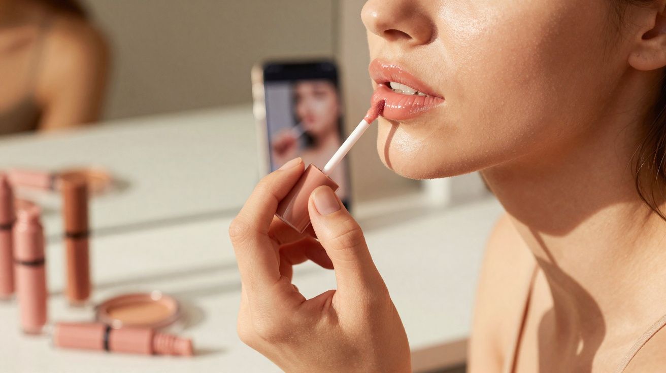 Mulher aplicando batom rosa enquanto grava vídeo de maquiagem com celular no espelho.