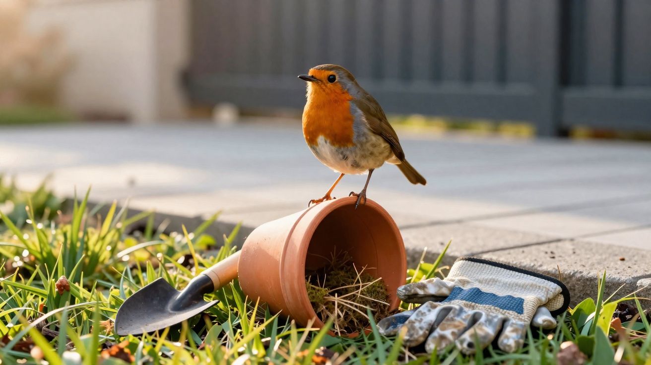 Pássaro de peito laranja posado em vaso de flores no chão ao lado de luvas e pá de jardinagem.