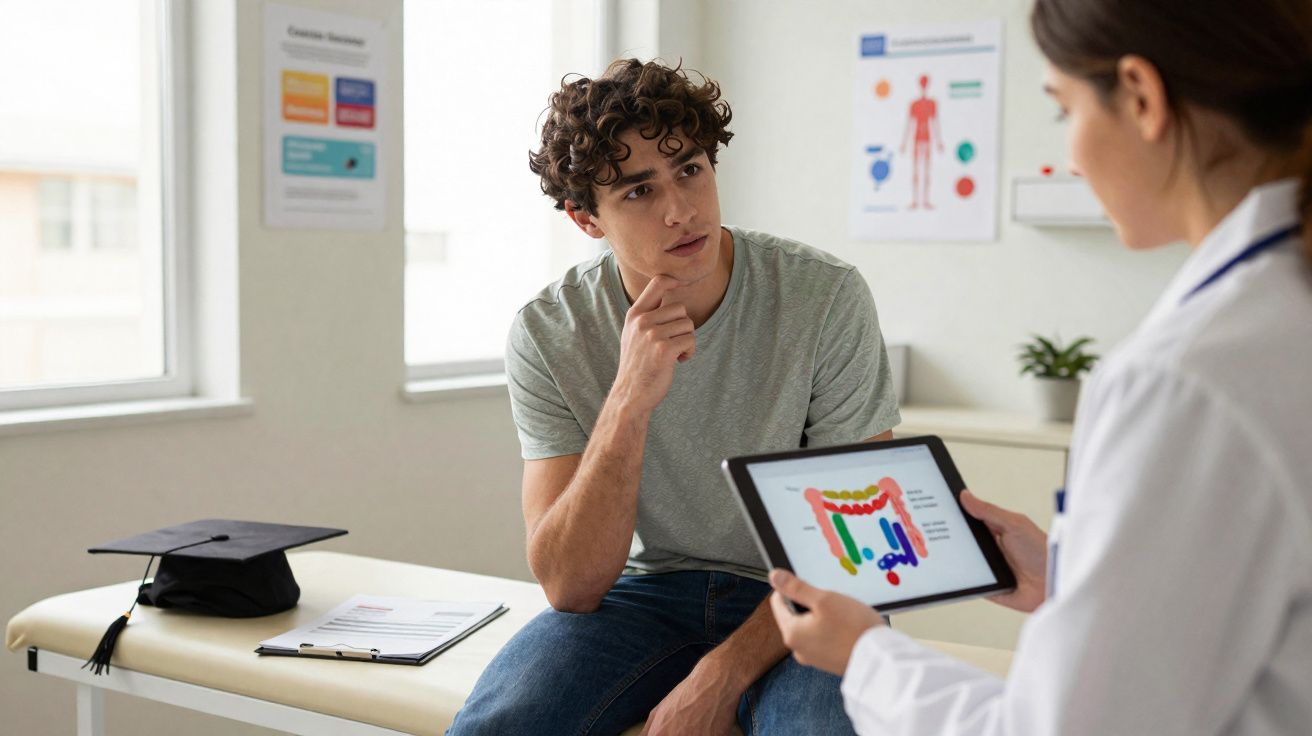 Paciente jovem conversa com médica que mostra ilustração do sistema digestivo em tablet em consultório.