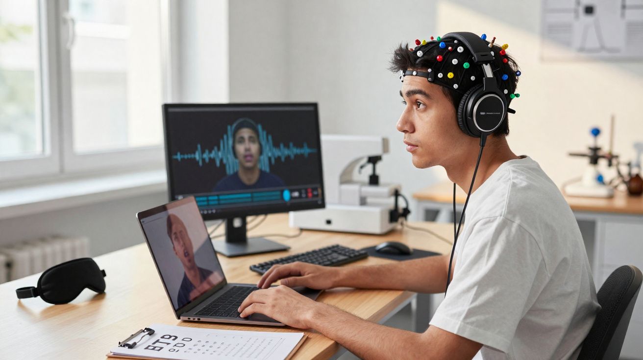 Jovem usando headset e equipamentos para estudo de ondas cerebrais em ambiente de laboratório moderno.