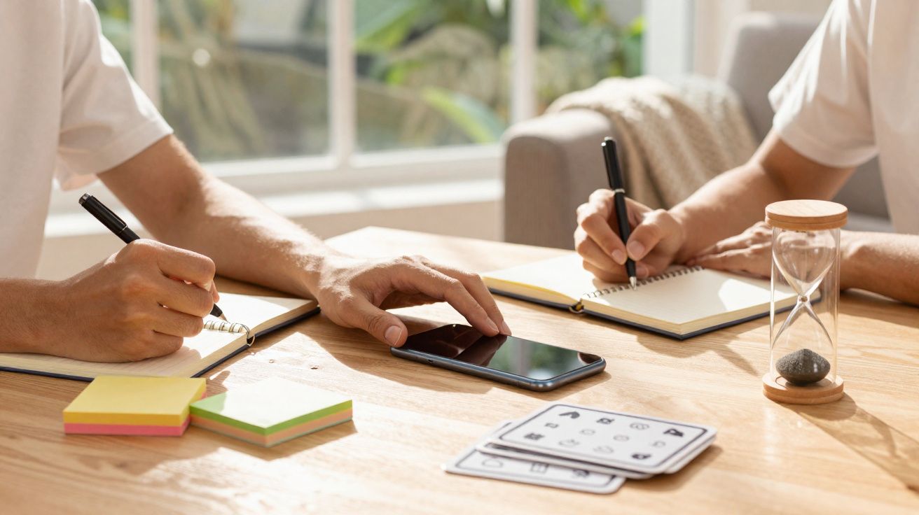 Duas pessoas escrevendo em cadernos com smartphone, cartões, post-its e ampulheta sobre mesa de madeira.