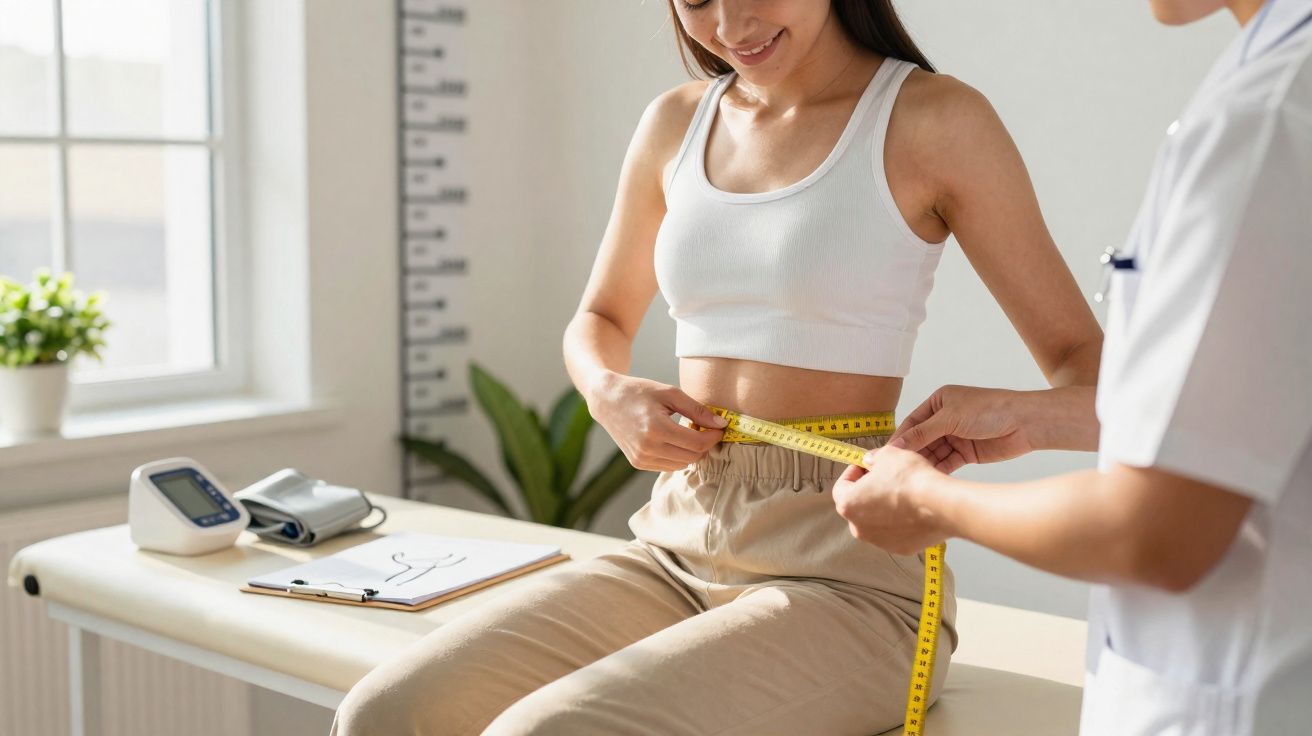 Paciente sentada com roupa casual sendo medida na cintura por profissional de saúde em consultório.