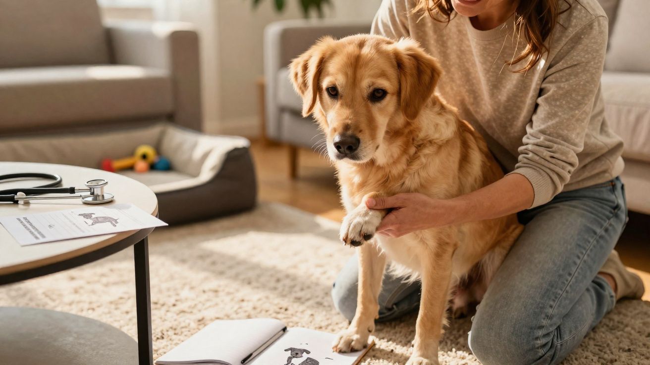 Pessoa acolhendo cachorro dourado em casa, ao lado de documentos e estetoscópio veterinário sobre mesa.