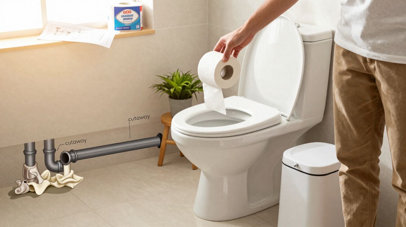 Pessoa segurando papel higiênico sobre vaso sanitário limpo em banheiro com planta e lixeira.