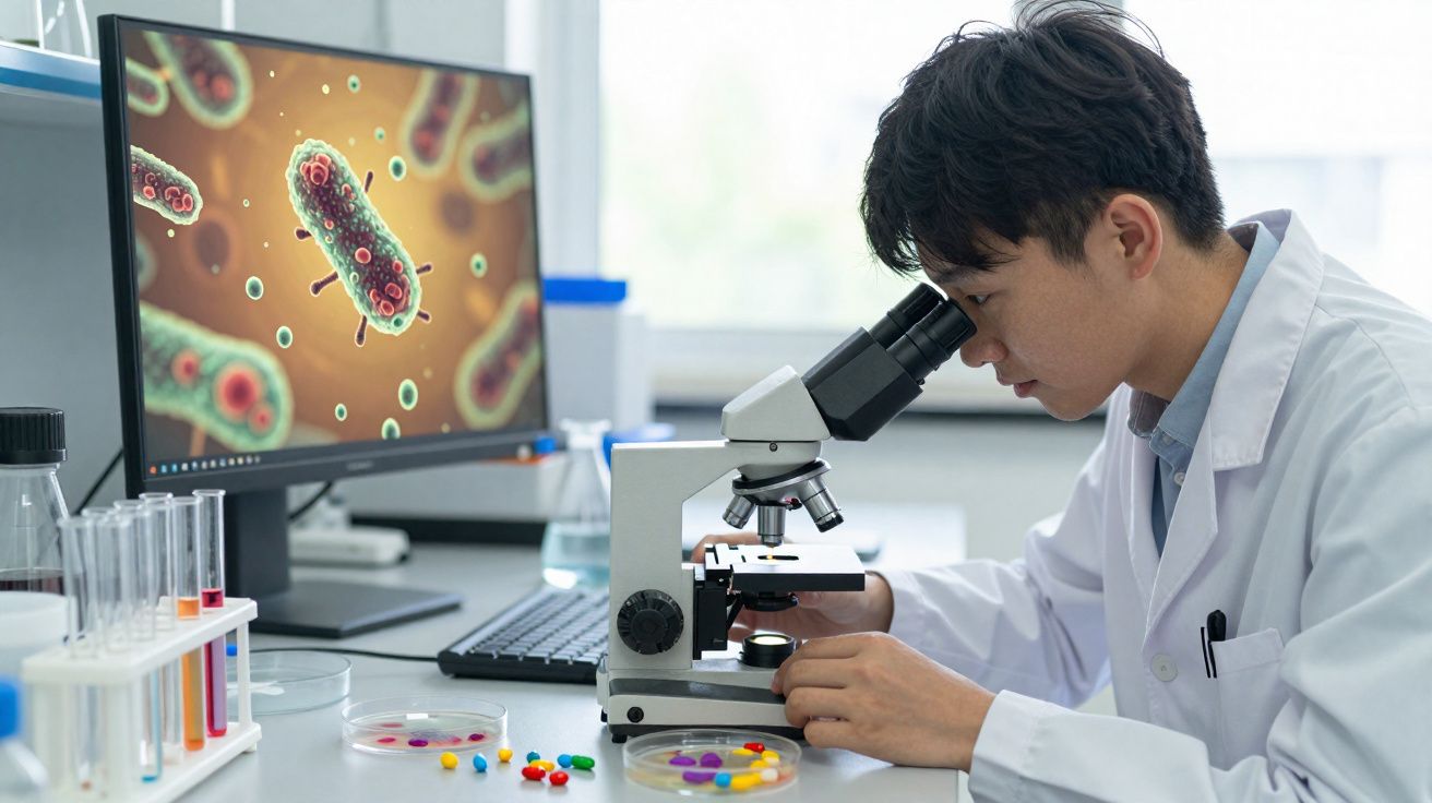 Cientista observando amostras em microscópio com imagem de bactérias exibida em computador ao fundo.