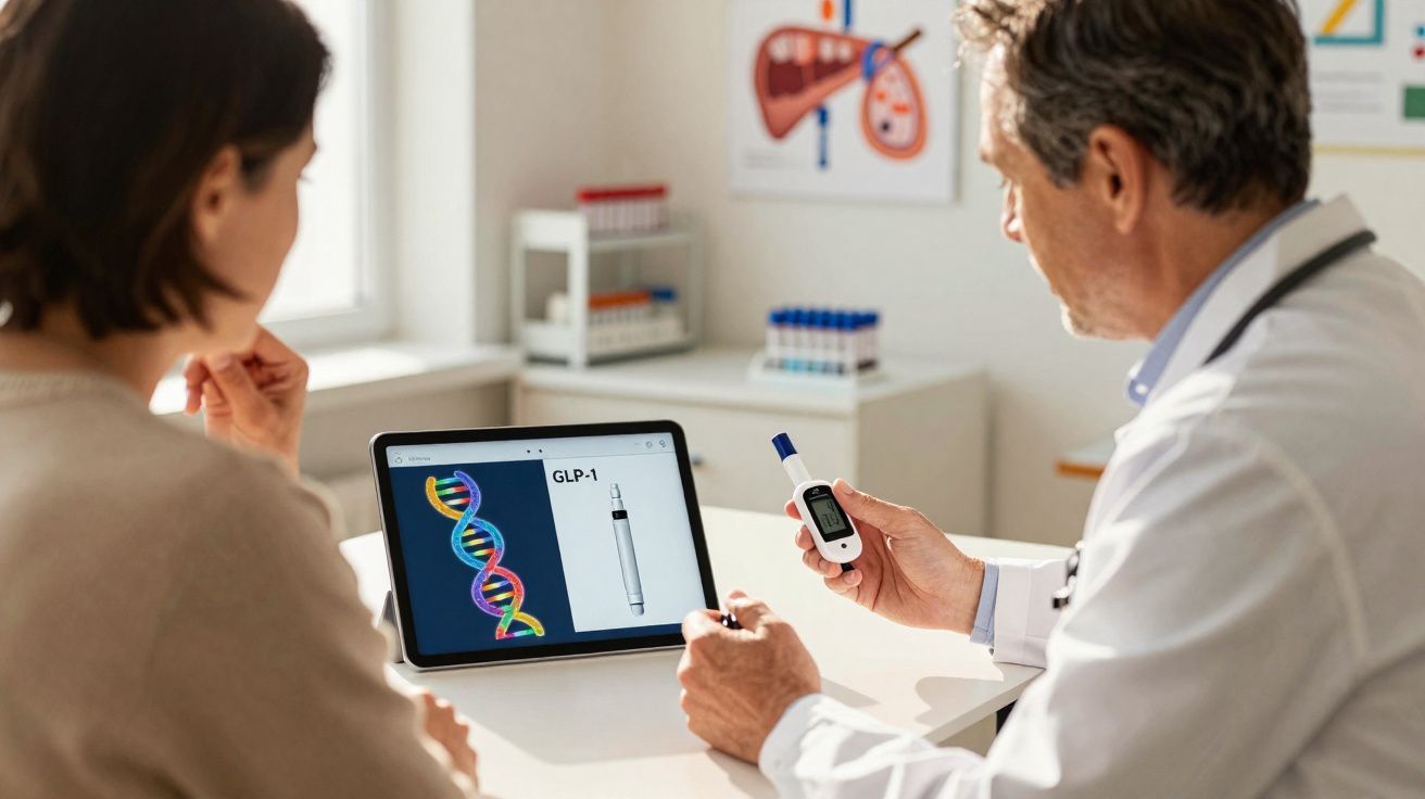Médico segurando medidor de glicose explica tratamento para paciente mulher usando tablet com imagem de DNA.
