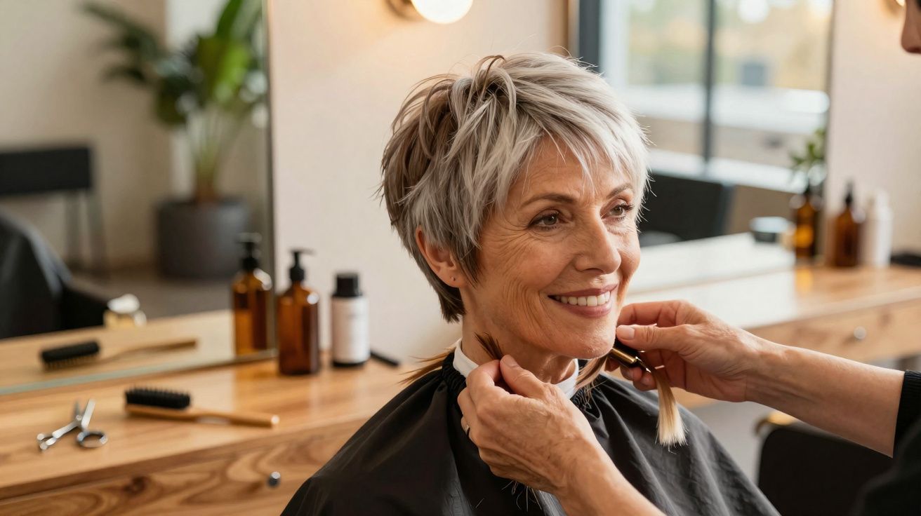 Mulher sorrindo recebendo corte de cabelo em salão moderno com cadeira e espelho ao fundo.
