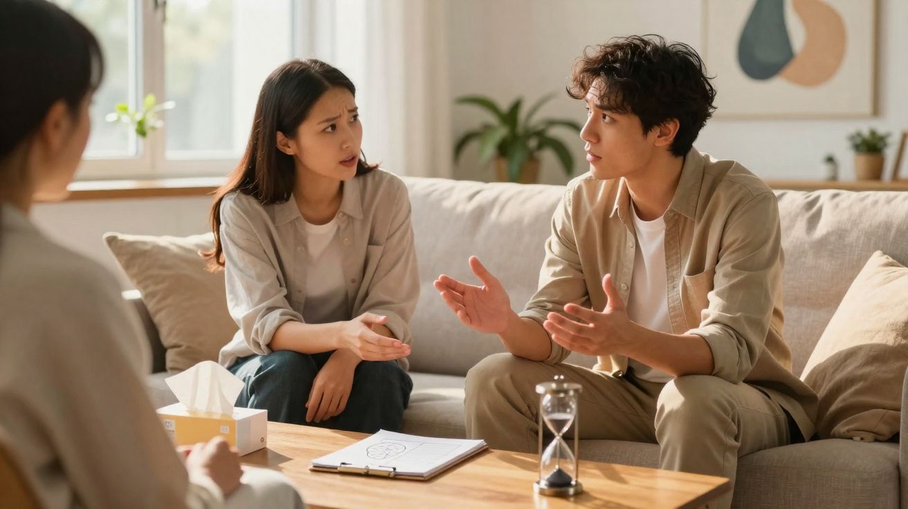 Casal conversando seriamente com terapeuta em sala clara, com ampulheta e caixa de lenços na mesa.