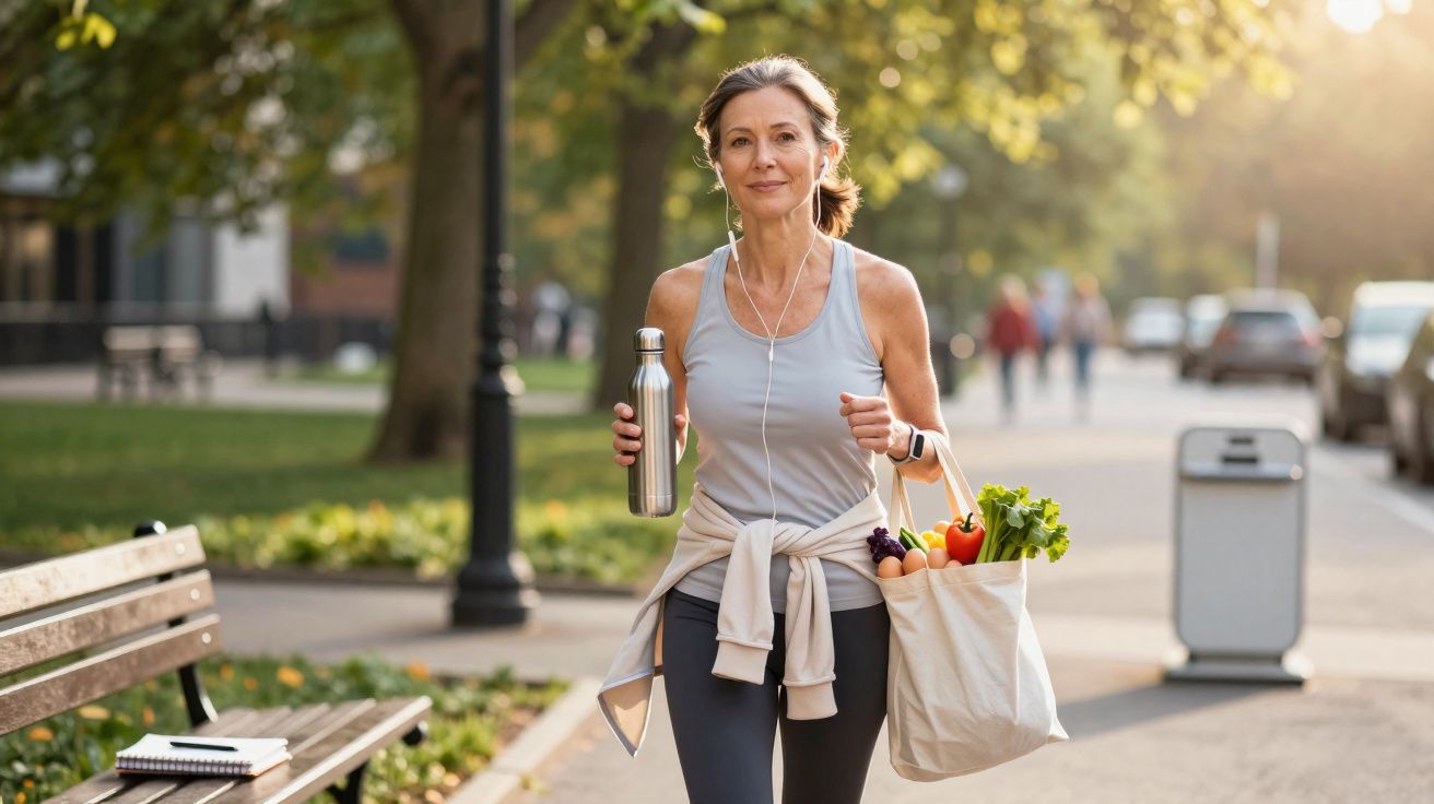 Mulher caminhando na rua com mochila ecológica cheia de legumes e garrafa de água na mão.