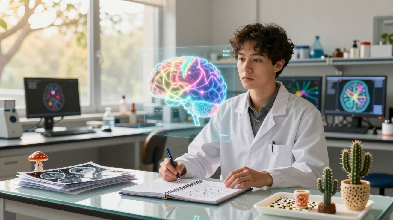Jovem cientista em laboratório analisando holograma colorido do cérebro humano e fazendo anotações.