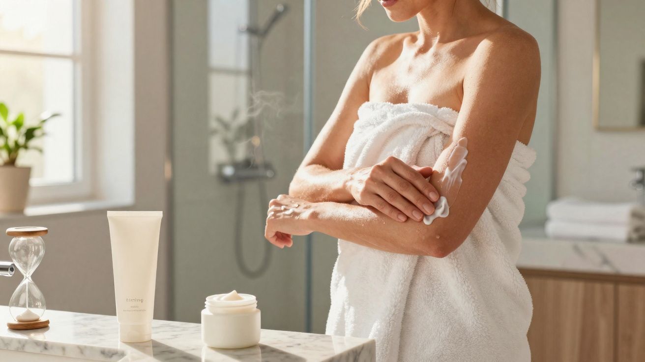 Mulher com toalha branca aplica creme hidratante nos braços em banheiro iluminado.