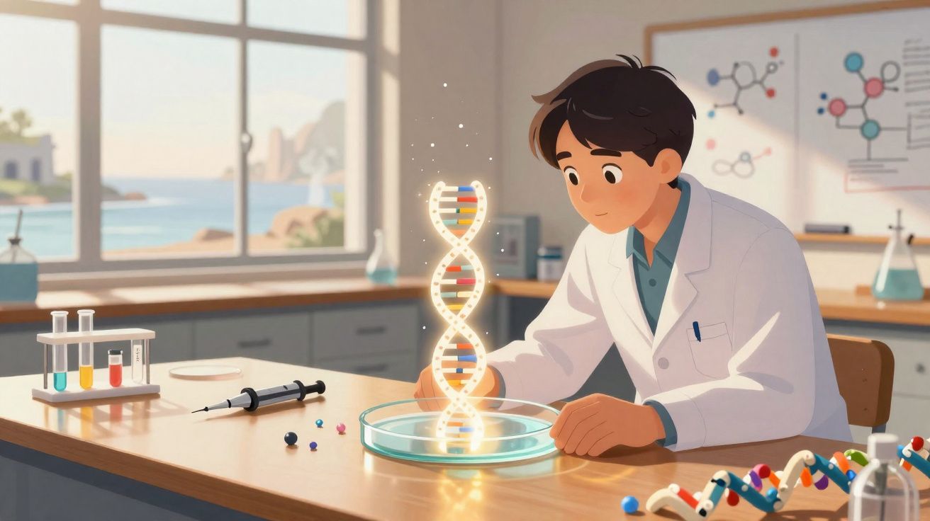 Cientista observa modelo brilhante de DNA em laboratório com tubos de ensaio e gráficos ao fundo.