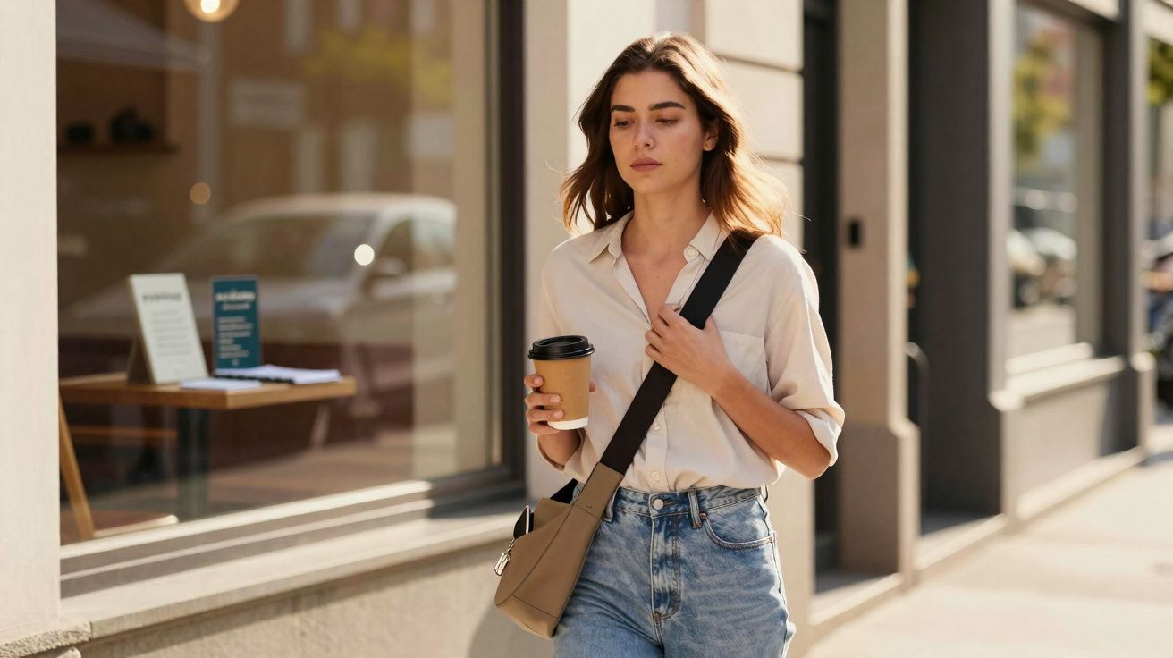 Mulher jovem caminhando na rua com camisa clara, jeans, bolsa transversal e café na mão em dia ensolarado.