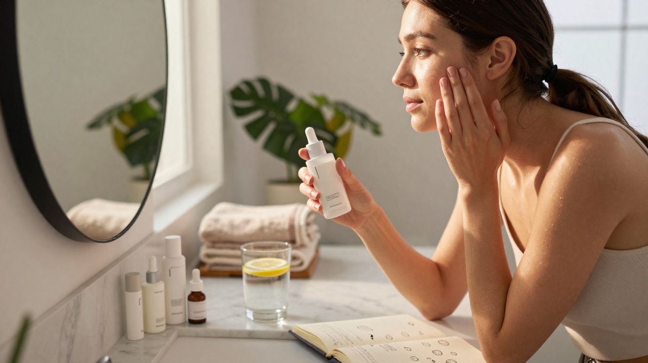 Mulher aplicando sérum facial perto do espelho com produtos de skincare e copo de água na bancada.