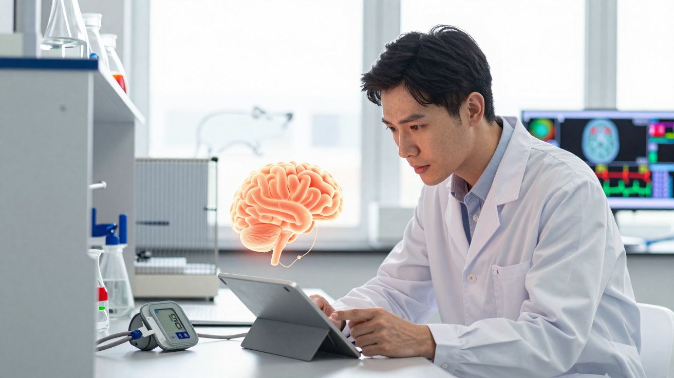 Cientista em laboratório consultando tablet com imagem virtual de cérebro flutuando ao lado.