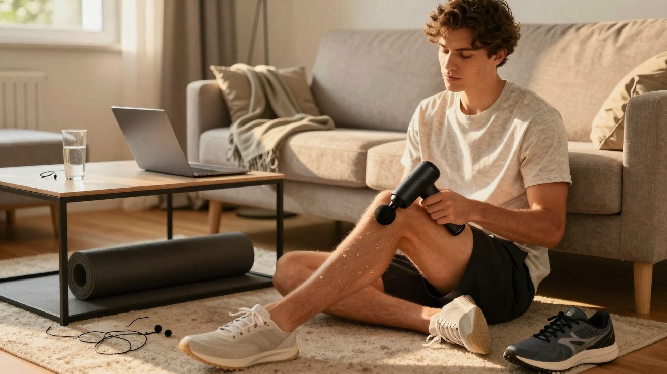 Jovem sentado no chão usando massageador muscular na perna, ao lado de tapete, sofá e tênis.