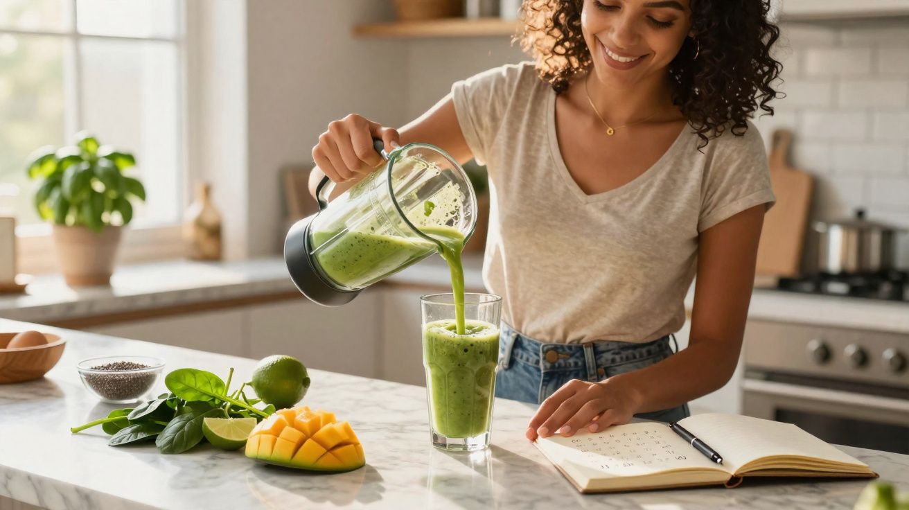 Mulher sorrindo preparando suco verde na cozinha, com frutas e caderno na bancada.