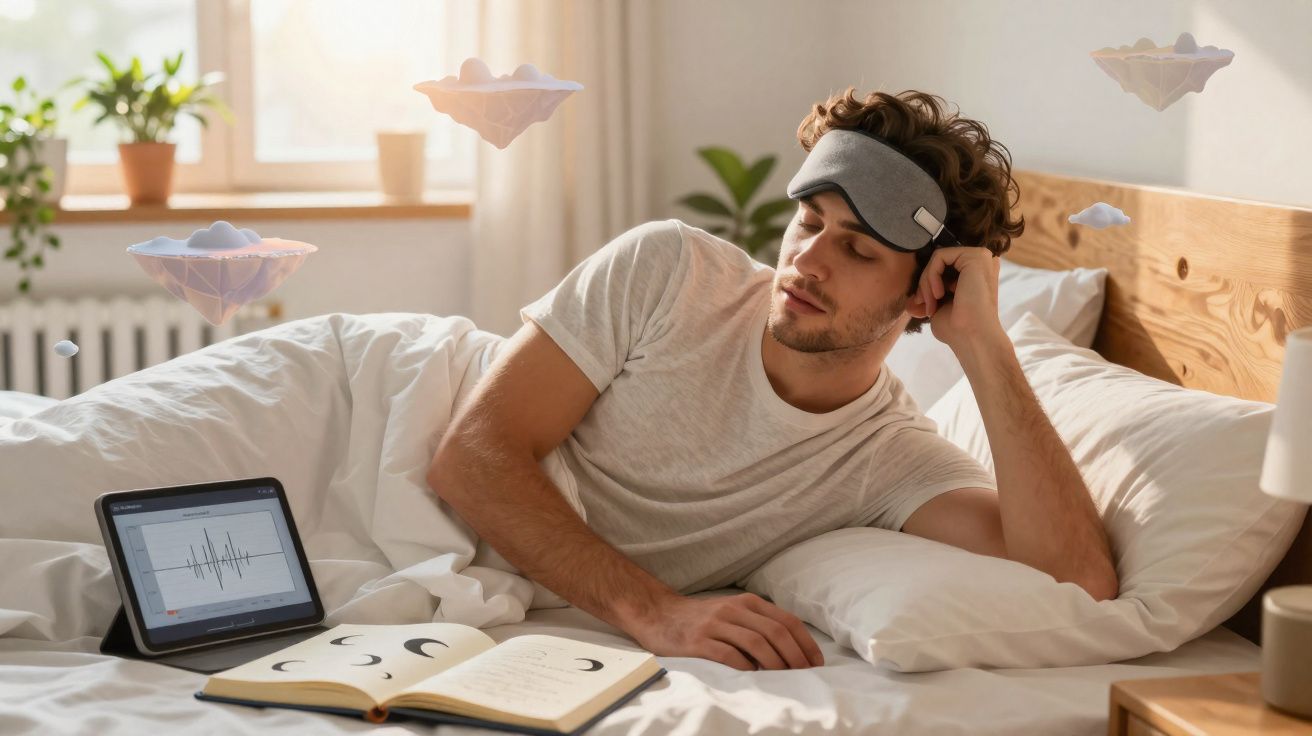 Homem deitado na cama com máscara de dormir, livro aberto e tablet ao lado, em ambiente iluminado.
