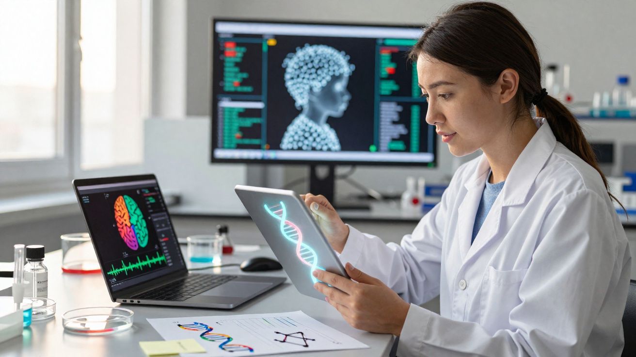 Cientista analisando dados genéticos em tablet, com gráficos de cérebro e DNA em telas no laboratório.