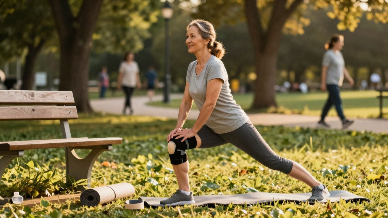 Mulher madura fazendo alongamento em parque com joelheira, perto de banco e tapete de yoga.