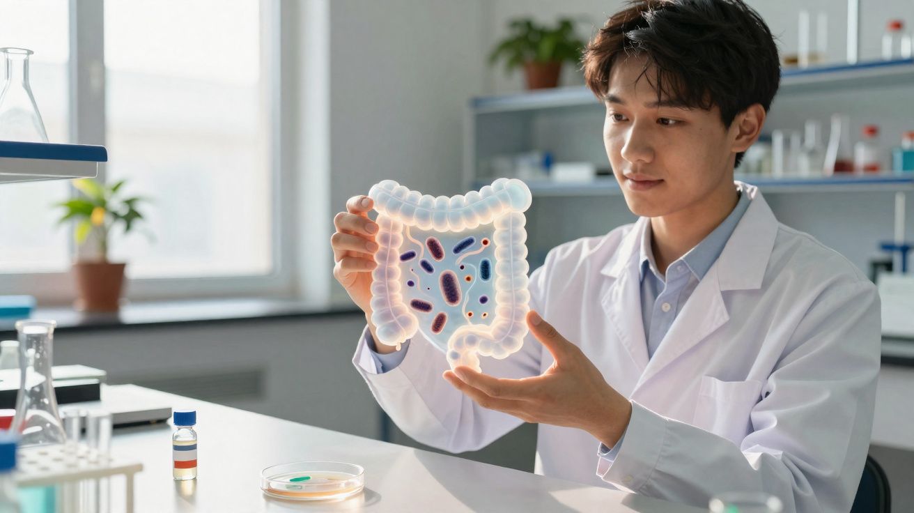 Cientista em laboratório segurando modelo holográfico do intestino humano com bactérias.