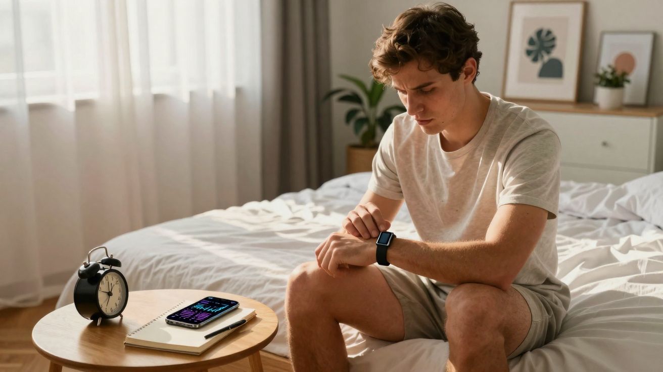 Jovem sentado na cama olhando para relógio inteligente, com despertador e celular na mesa ao lado.