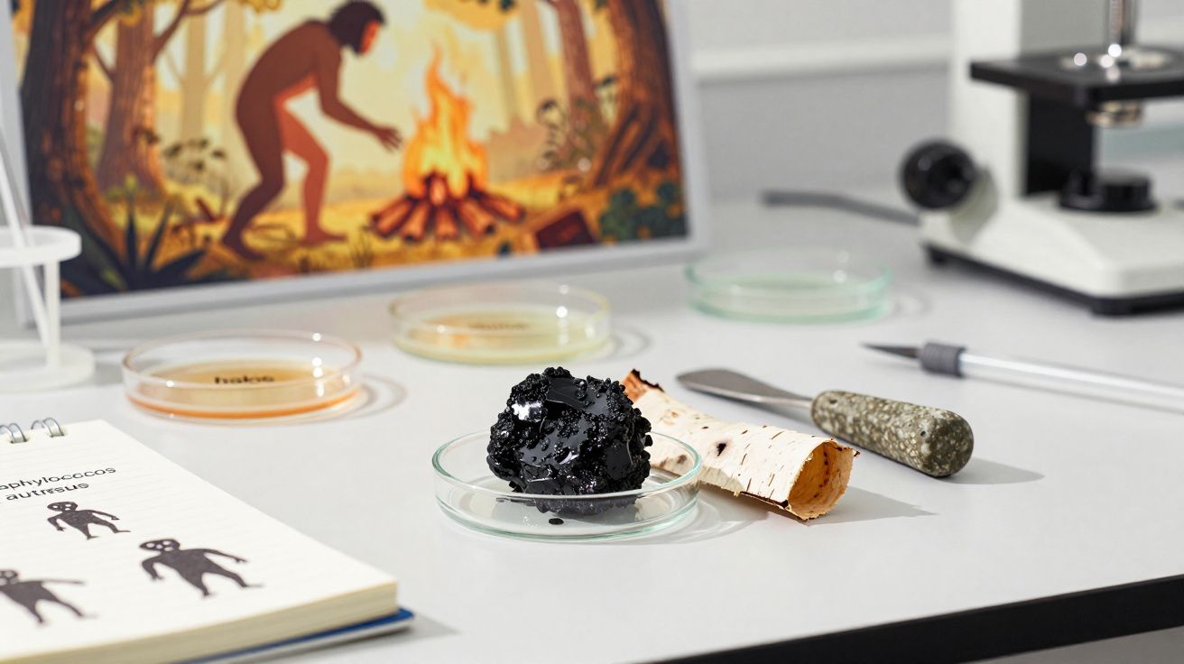 Mesa de laboratório com amostras em placas de petri, microscópio e caderno com desenhos de ancestrais humanos.