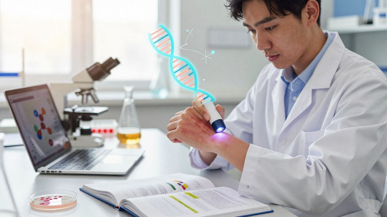 Cientista em laboratório usando dispositivo com luz para análise genética na mão, com livro aberto e laptop.