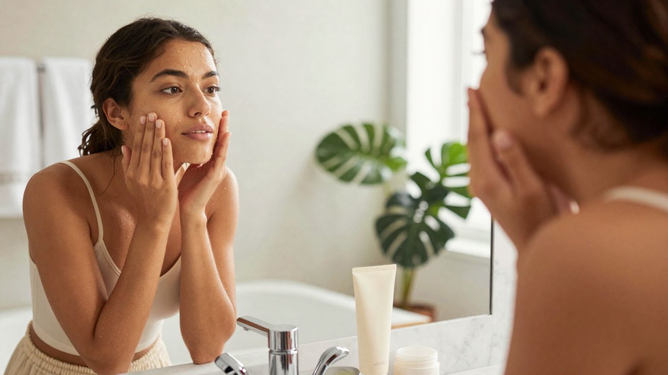 Mulher aplicando creme facial e olhando no espelho em um banheiro iluminado.