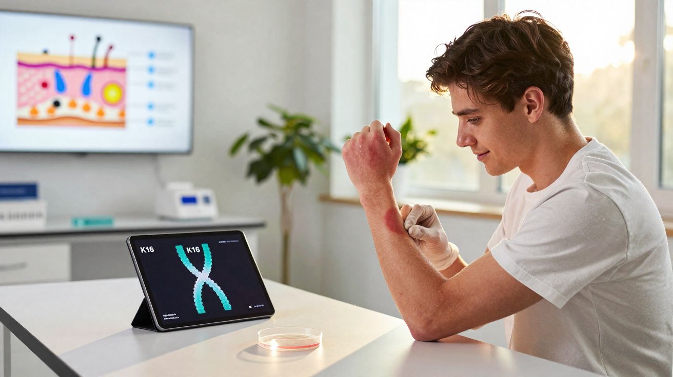 Jovem com roupa branca observa mancha vermelha no braço em ambiente claro com tablet e planta ao fundo.
