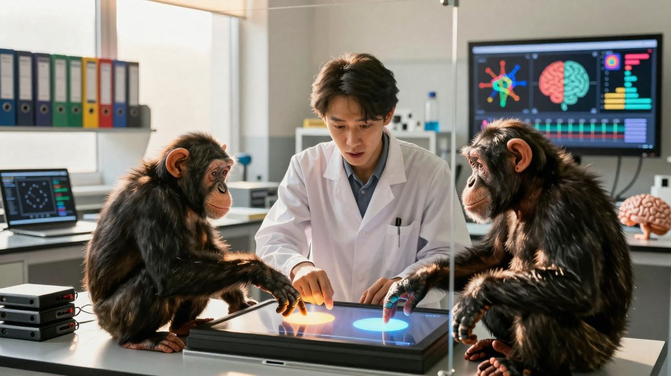 Cientista observa dois chimpanzés interagindo com tela digital em laboratório moderno sobre neurociência.