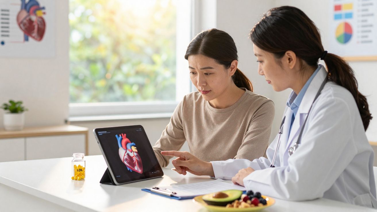 Médica e paciente analisando imagem digital de coração em tablet durante consulta no consultório.