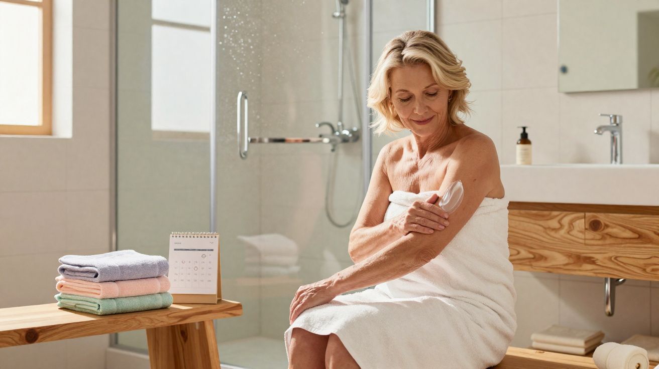 Mulher madura com toalha branca aplicando creme no braço sentada em banco de banheiro moderno.