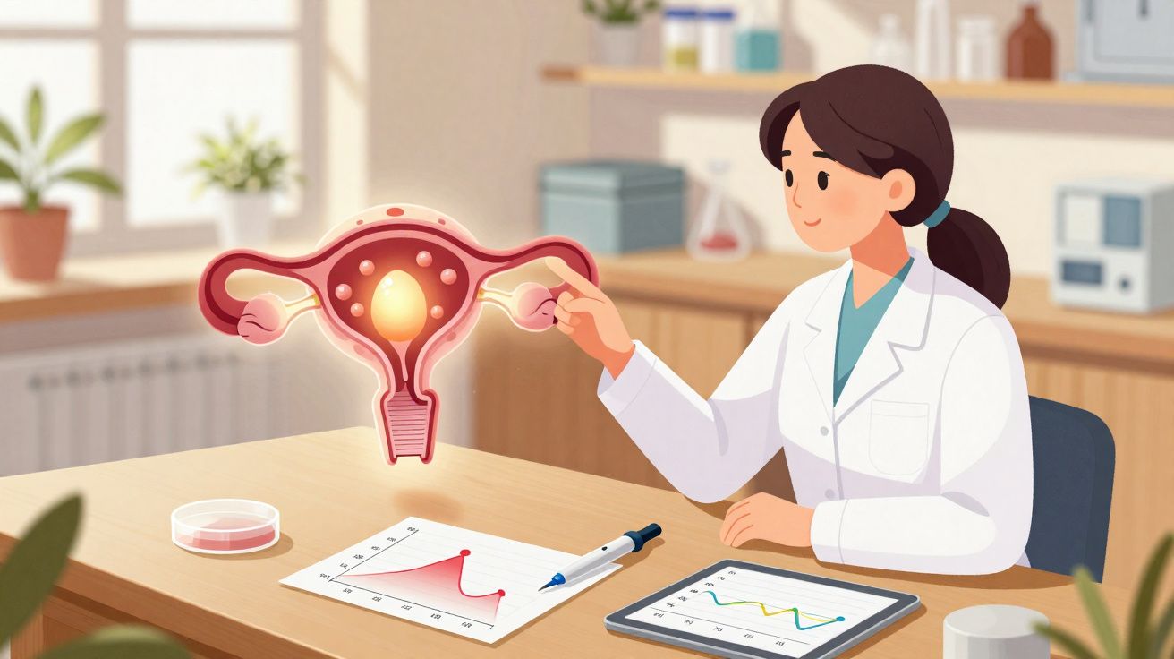 Mulher médica analisando gráfico e demonstrando um útero com corpos lúteos em consultório.