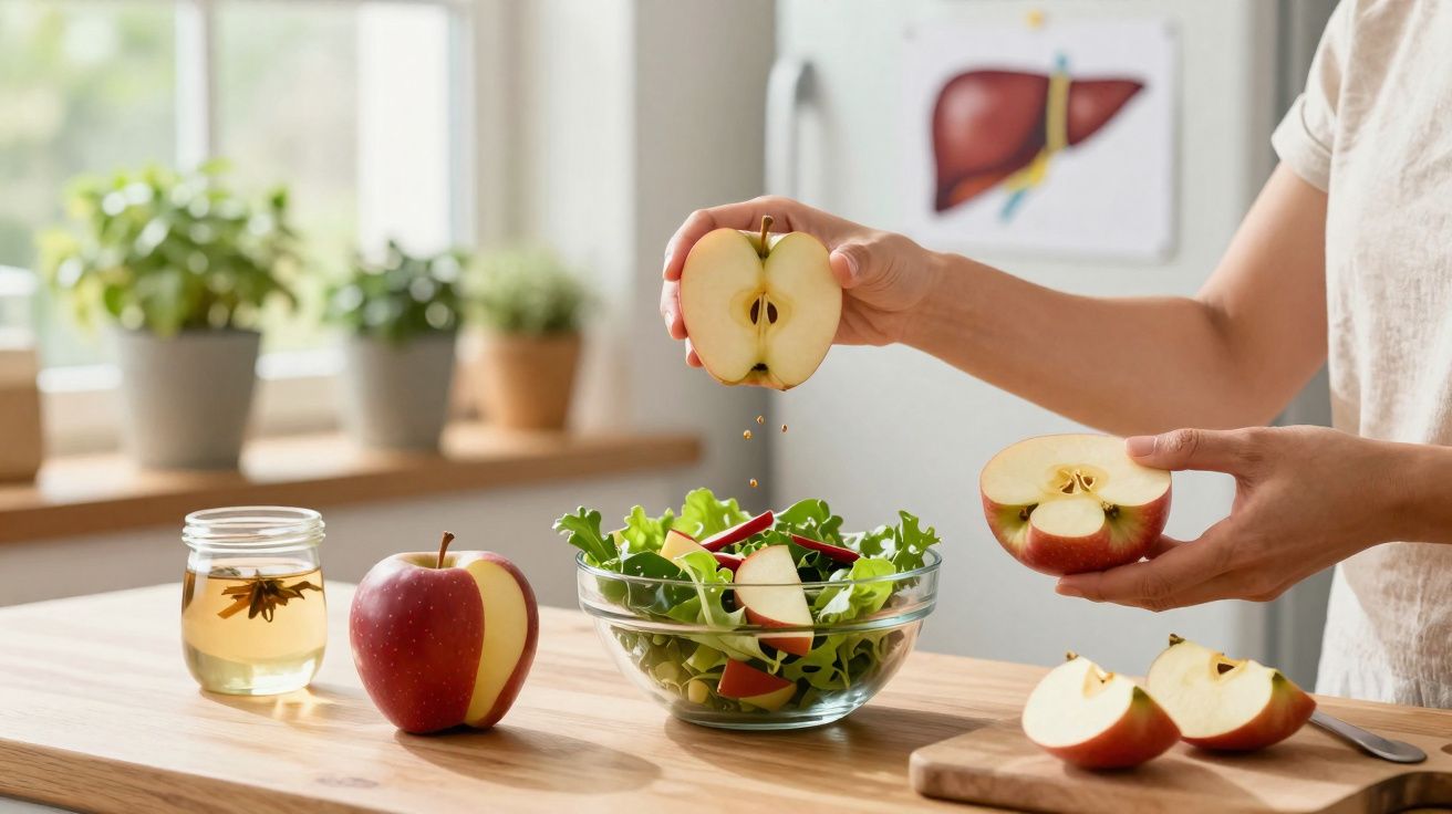 Pessoa adicionando maçã picada em salada de folhas verdes em cozinha clara e arejada.
