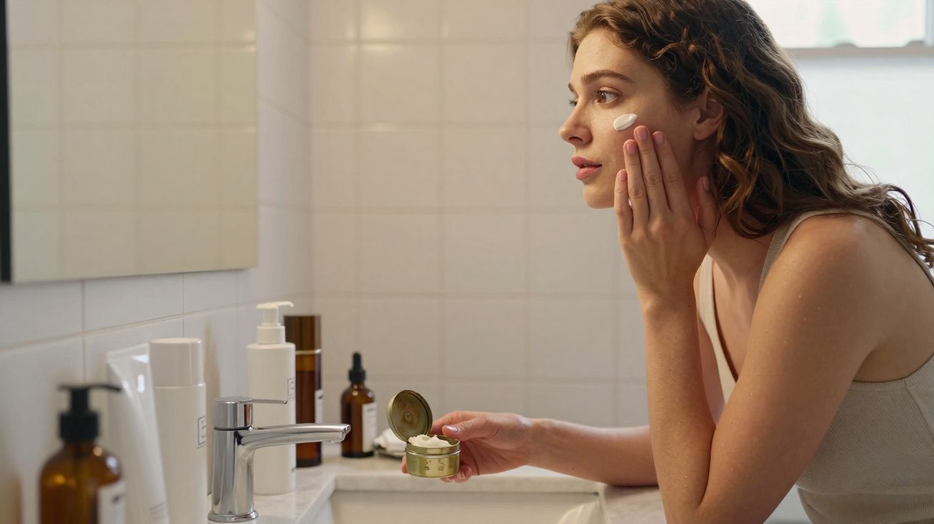 Mulher aplicando creme no rosto em banheiro branco com espelho e produtos na pia.