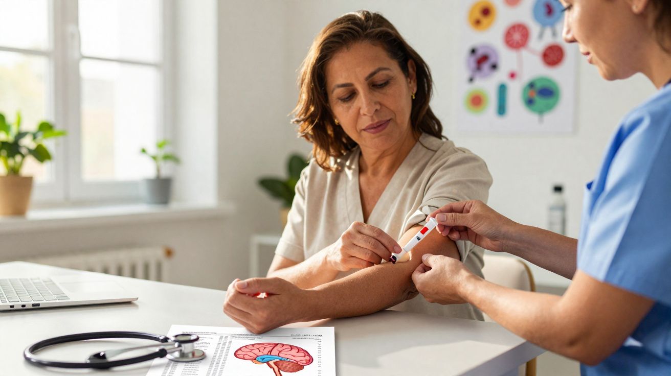 Mulher realiza exame de sangue com enfermeira em clínica, com material médico e laptop na mesa.