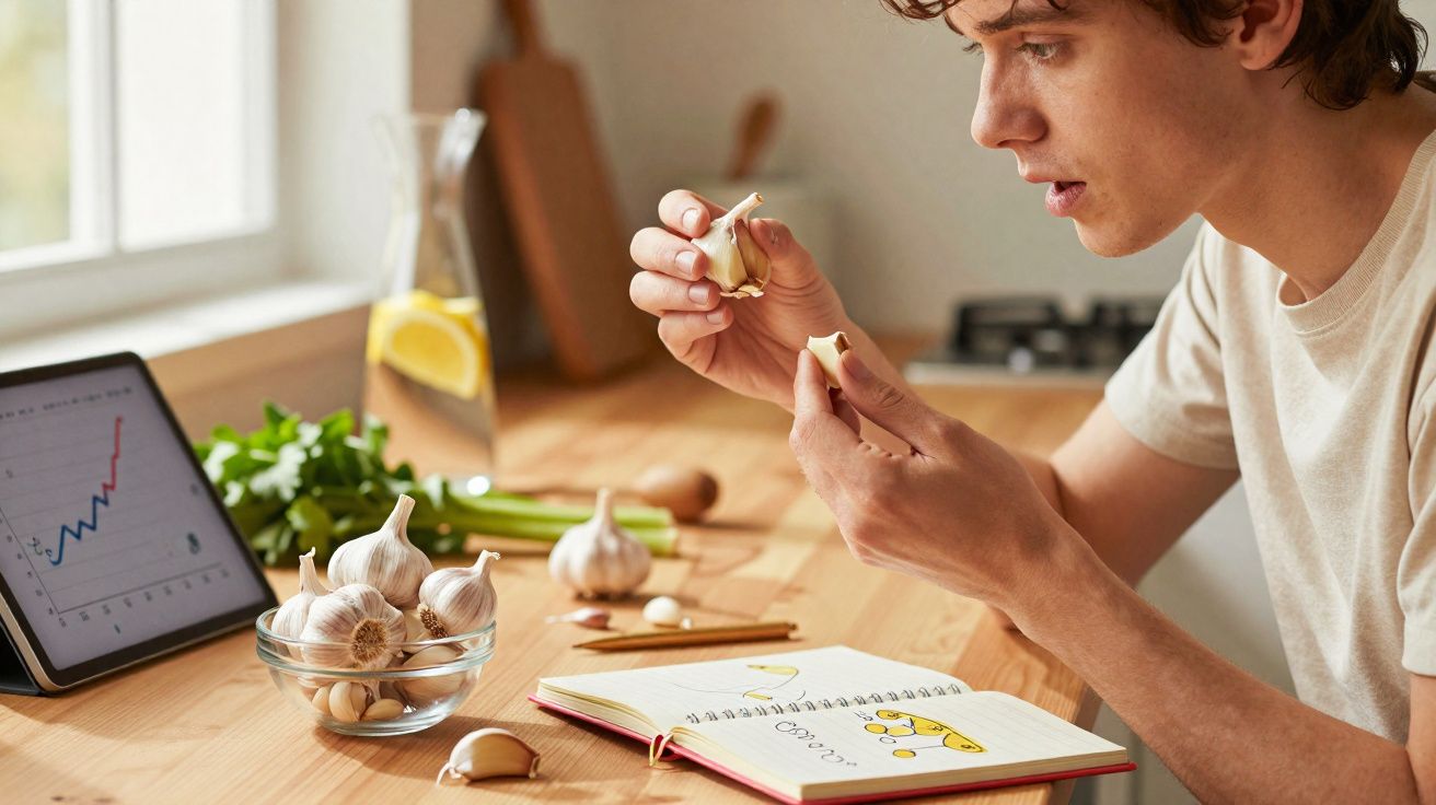 Homem analisando dentes de alho na cozinha com caderno de anotações e tablet mostrando gráfico.
