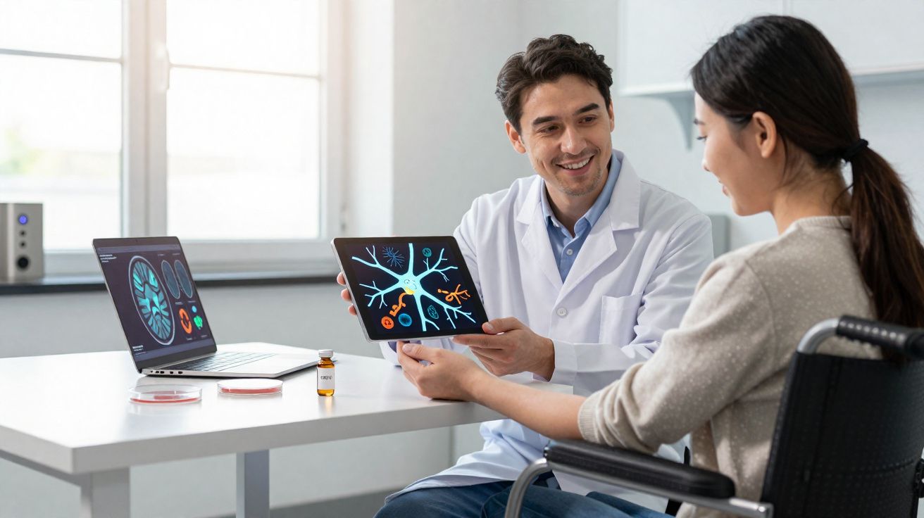 Médico mostra imagem de neurônios em tablet para paciente em cadeira de rodas em consultório.