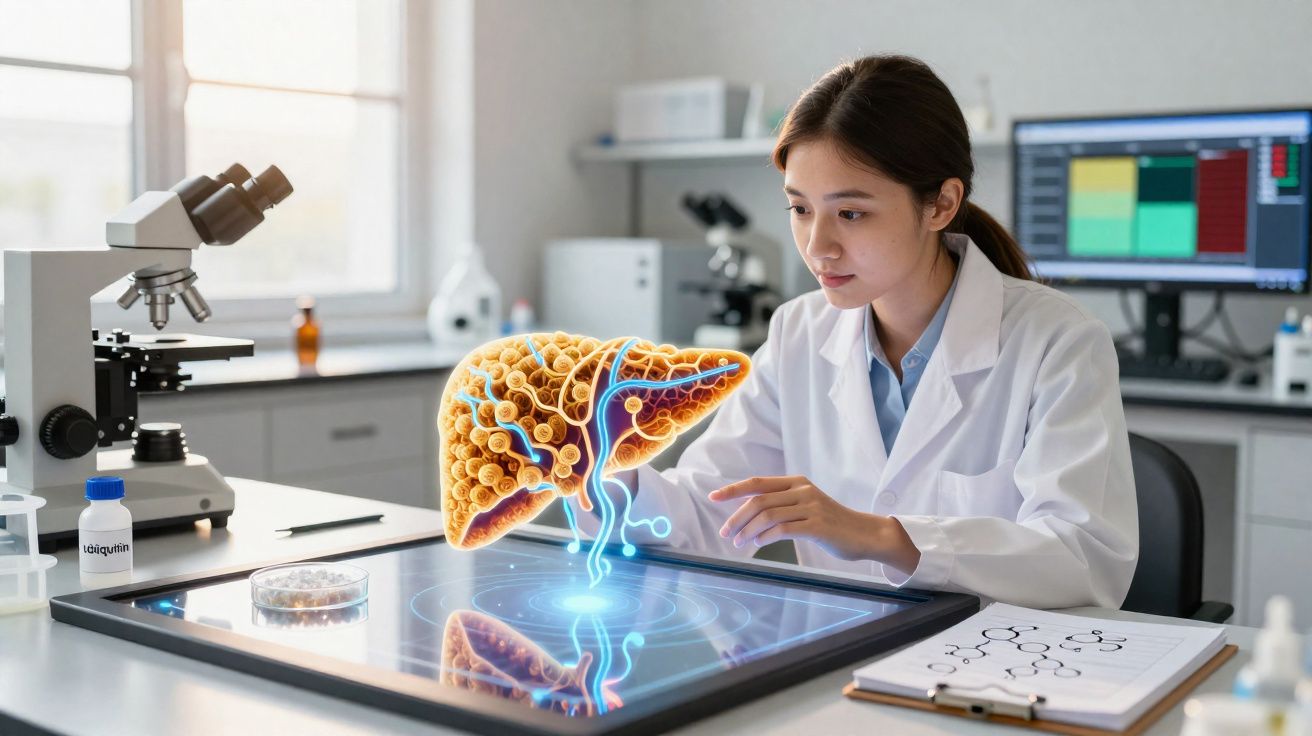 Cientista em laboratório analisando imagem 3D digital de fígado em mesa interativa.